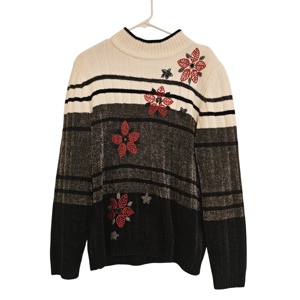 Striped Mock Neck Chenille Sweater Black Cream‎ Gray Cozy Winter